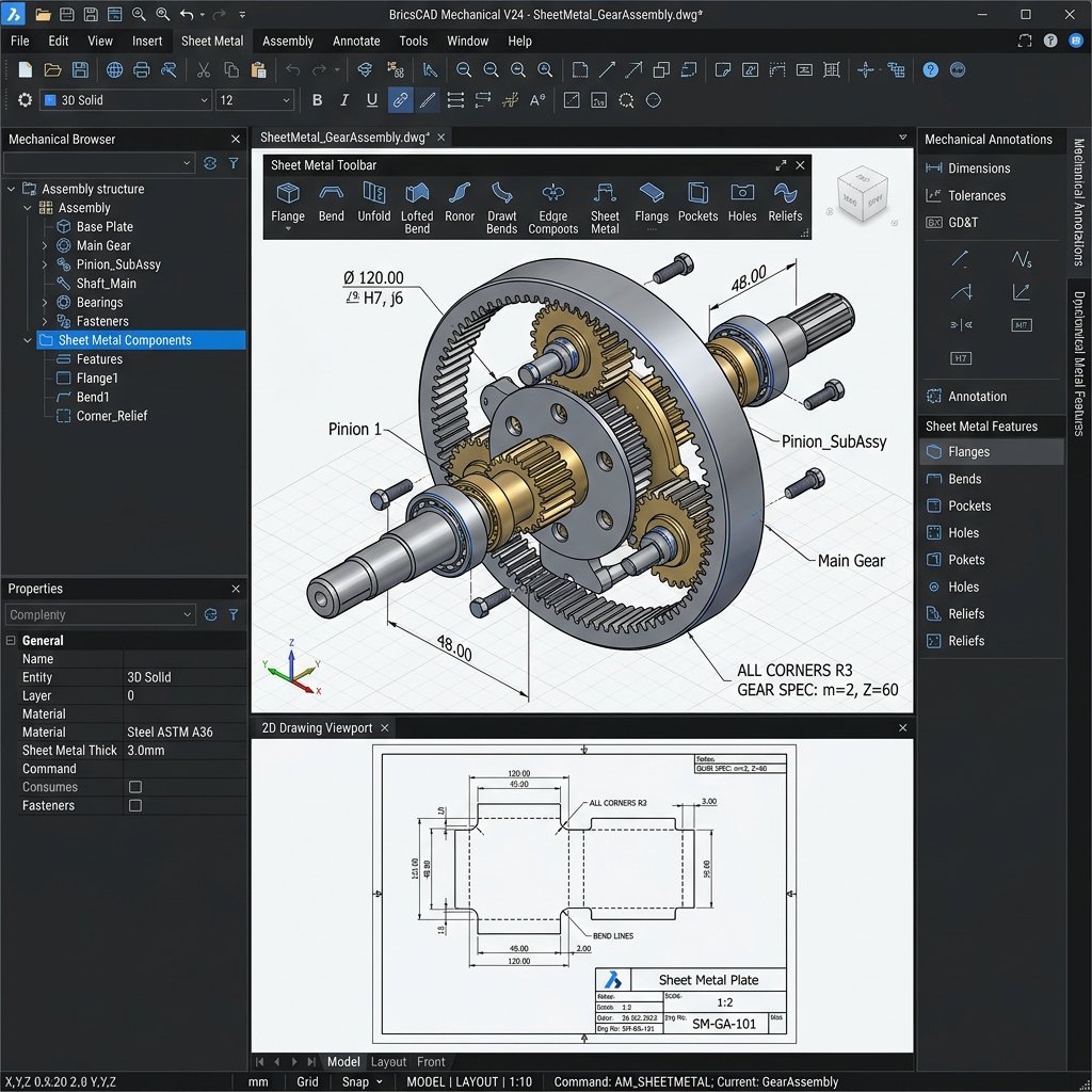 BricsCAD Mechanical 3D Gear Assembly Technical Drawing Mockup UI View